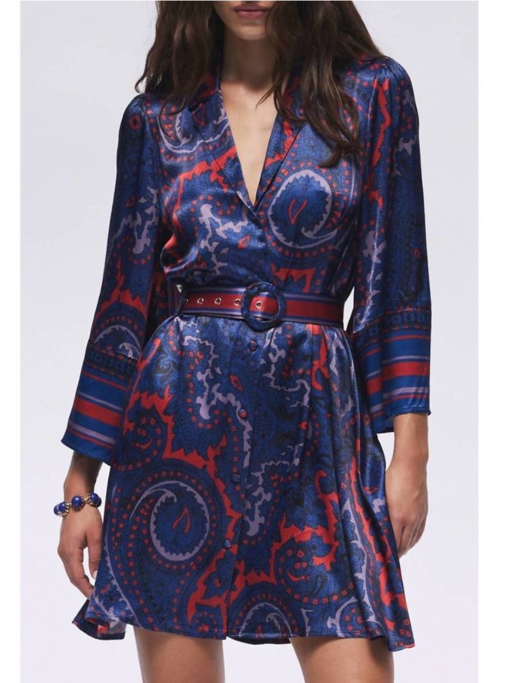 Hermoza Gabriela Printed Satin Belted Dress Midnight Blue Red